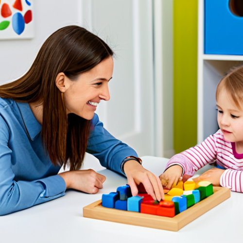 Home 11 A professional female play therapist in a modest, smart casual outfit, actively engaging in a collaborative conversation with a calm, attentive female parent in her 30s. A young child, fully clothed in appropriate play attire, is quietly playing with colorful building blocks nearby, symbolizing positive progress. The setting is a brightly lit, modern therapy room with warm, inviting colors and child-friendly decor. The therapist is gently pointing towards a colorful drawing on a low table, representing a child's emotional expression. The atmosphere is one of understanding, collaboration, and empathy. Safe for work, appropriate content, fully clothed, professional, perfect anatomy, correct proportions, natural pose, well-formed hands, proper finger count, natural body proportions, high-quality professional photography.