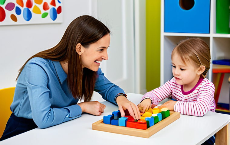 A professional female play therapist in a modest, smart casual outfit, actively engaging in a collaborative conversation with a calm, attentive female parent in her 30s. A young child, fully clothed in appropriate play attire, is quietly playing with colorful building blocks nearby, symbolizing positive progress. The setting is a brightly lit, modern therapy room with warm, inviting colors and child-friendly decor. The therapist is gently pointing towards a colorful drawing on a low table, representing a child's emotional expression. The atmosphere is one of understanding, collaboration, and empathy. Safe for work, appropriate content, fully clothed, professional, perfect anatomy, correct proportions, natural pose, well-formed hands, proper finger count, natural body proportions, high-quality professional photography.