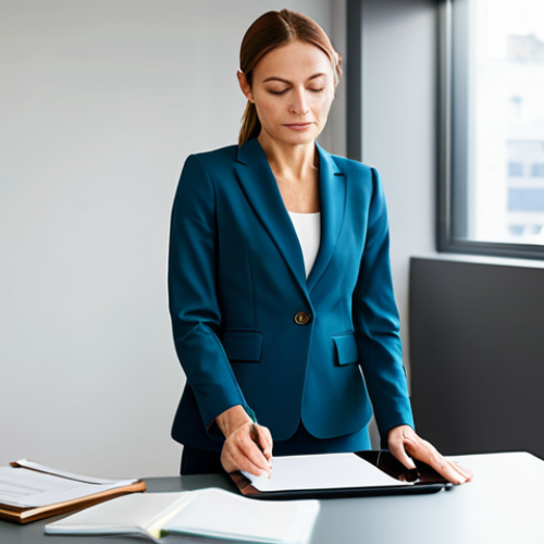 Home 6 A professional female therapist in a modest business suit is standing in a bright, modern therapy office. She holds a sleek, modern tablet, looking calmly at the screen, while gently pushing aside a small stack of old paper files on a clean, minimalist desk. Her pose is natural and confident, showing perfect anatomy and correct proportions. The background is a clean, well-lit therapy room with subtle, age-appropriate play therapy elements and a blurred city view through a large window. The atmosphere is calm and organized, emphasizing efficiency and progress. Professional photography, high resolution, realistic, well-formed hands, proper finger count, natural body proportions, safe for work, appropriate content, fully clothed, professional.