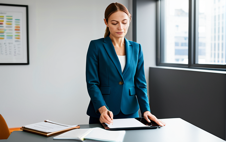 A professional female therapist in a modest business suit is standing in a bright, modern therapy office. She holds a sleek, modern tablet, looking calmly at the screen, while gently pushing aside a small stack of old paper files on a clean, minimalist desk. Her pose is natural and confident, showing perfect anatomy and correct proportions. The background is a clean, well-lit therapy room with subtle, age-appropriate play therapy elements and a blurred city view through a large window. The atmosphere is calm and organized, emphasizing efficiency and progress. Professional photography, high resolution, realistic, well-formed hands, proper finger count, natural body proportions, safe for work, appropriate content, fully clothed, professional.