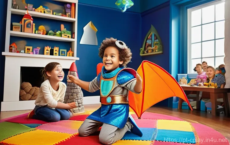 놀이치료에서의 놀이 주제별 효과 - **Prompt:** A diverse group of joyful children, aged 6-9, engaged in imaginative role-play within a ...