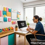Home 20 놀이치료사의 연간 목표 설정과 달성법 - A professional play therapist in a bright, cozy office in Brazil, surrounded by colorful toys and ch...