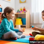 Home 18 놀이치료사로서 자기계발 방법 - A warm and inviting therapy room scene focused on a playful child therapist attentively practicing a...