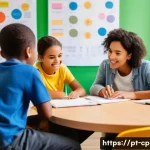 Home 23 놀이치료사로서 팀워크 향상 방법 - A diverse team of professionals in a bright, modern therapy center, engaged in an open and lively di...