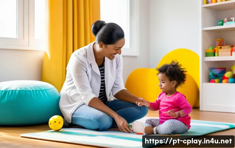 놀이치료사 해외 취업 정보 - A professional play therapist conducting a therapy session with a young child wearing a diaper, in a...