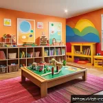 Home 21 놀이치료사로서 회복탄력성 키우기 - A warm, colorful therapeutic playroom designed for children, featuring soft lighting and organized s...
