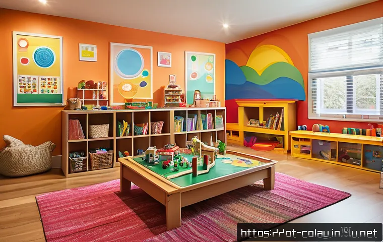 놀이치료사로서 회복탄력성 키우기 - A warm, colorful therapeutic playroom designed for children, featuring soft lighting and organized s...