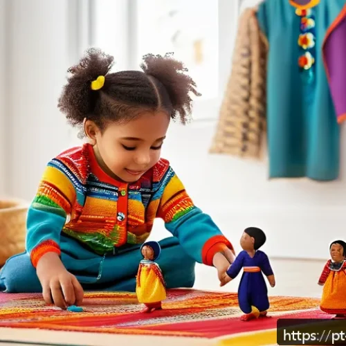Home 32 놀이치료사와 다문화 가정 아동 지원 사례 - A warm, multicultural therapy room filled with diverse cultural toys and symbols, showing a child we...