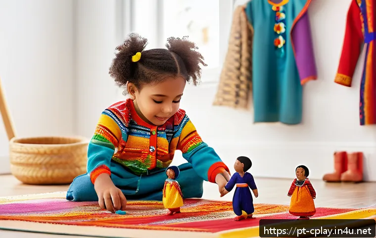놀이치료사와 다문화 가정 아동 지원 사례 - A warm, multicultural therapy room filled with diverse cultural toys and symbols, showing a child we...